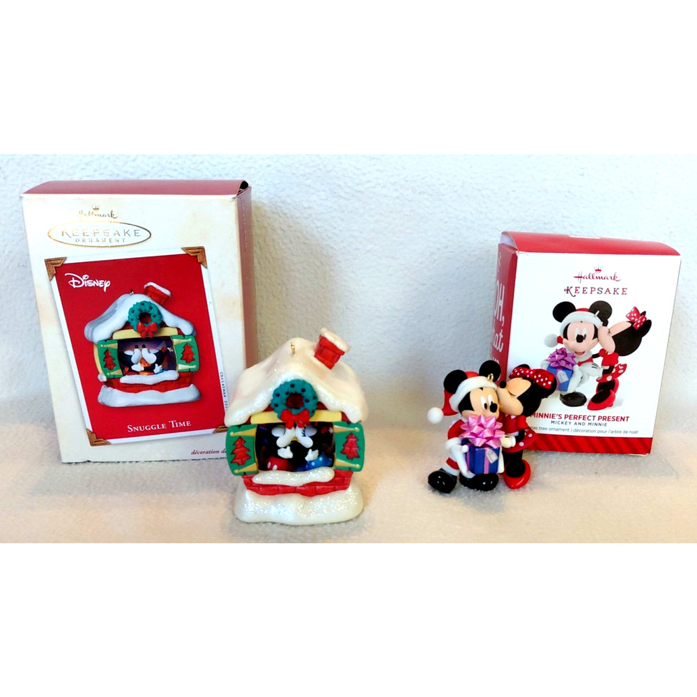 Disney Hallmark Keepsake Minnie's Perfect Present & Snuggle Time Ornaments NIB